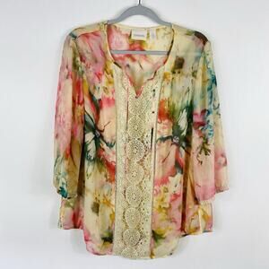 Chico's Blouse Top Large 2 12 Pink Yellow Pastel Floral Lace Front Lynelle Sheer